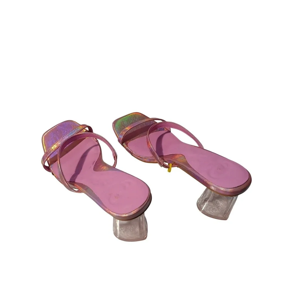Iridescent Pink Square Toe Sandals Clear Heart Block Heel OM-P24-169 Womens 9‎